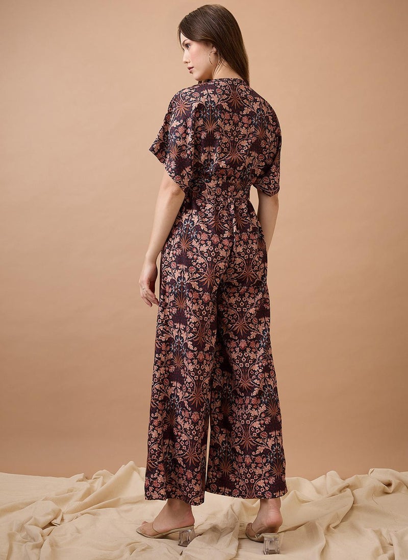 Globus Women Floral Print With V Cut Kimono Sleeves Waist Tie-Up Longline Fusion Jumpsuit - Image 4